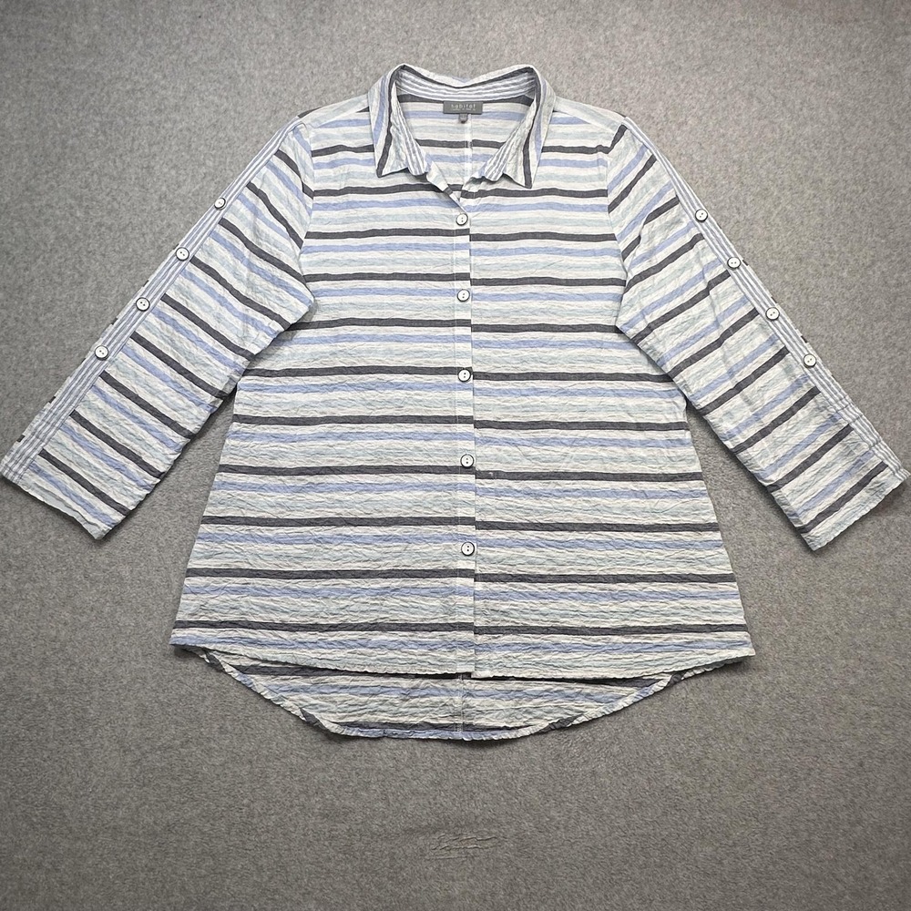 Habitat Shirt Womens Large Blue White Textured Stripe Button Front Tunic Coastal